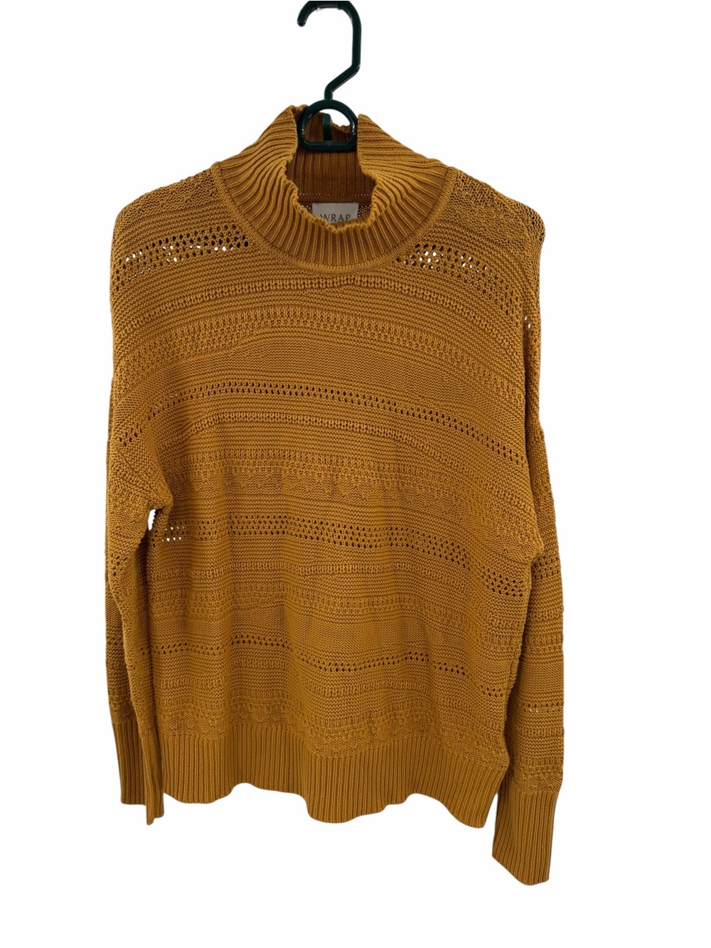 Wrap London 100% Organic Cotton Mustard Yellow Mock Neck Open Knit Sweater 10